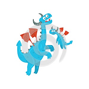 Loving mother dragon and her baby, cute blue winged dragons, fantasy mythical animals cartoon characters vector