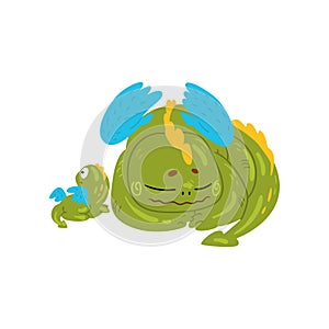Loving mother dragon and her baby, cute green winged dragons, family of mythical animals cartoon characters vector