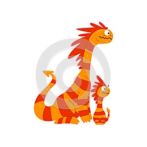Loving mother dragon and her baby, cute striped winged dragons, fantasy mythical animals cartoon characters vector