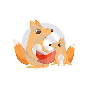 Loving mother fox reading a book to her kid, animal family, parenting concept vector Illustration on a white background