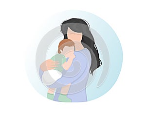 A loving mother is holding her newborn baby. A bright portrait of a happy mother, hopes in the arms of a sleeping baby.