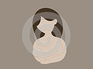 loving mother holds her newborn baby in her arms and breastfeeds him, breast milk on a beige background. concept of motherly love