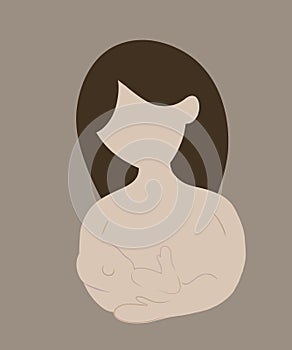 loving mother hugs her newborn baby in her arms and breastfeeds him, breast milk on a beige background. concept of motherly love
