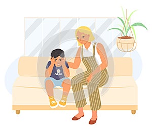 Loving mother supporting sad son child vector illustration