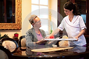 Loving nurse serving food to the occupants of the retirement home