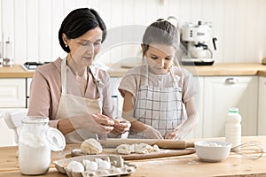 Loving older granny teach cute granddaughter to cook