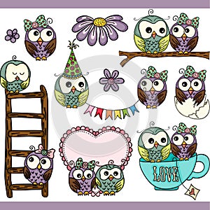 Loving owls set digital elements