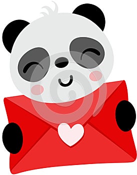 Loving panda holding a valentine letter envelope