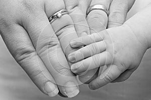 loving parents hands holding their baby's hand