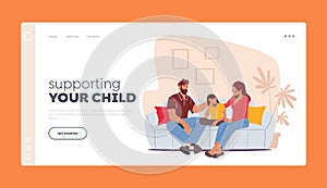 Loving Parents Support Child Landing Page Template. Father and Mother Comforting Upset Kid, Daughter with Sad Face