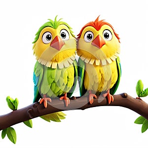 Loving parrots radiating joy and affection. A delightful duo of lovebirds brought to life in a 3D animated cartoon character style