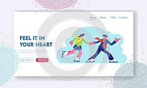 Loving Relations, Outdoors Activity Website Landing Page, Young Couple in Love Man and Woman Have Fun, Active Date Skating