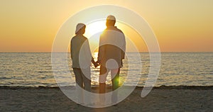 Loving senior couple enjoying sunset over sea