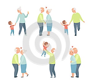 Loving Senior Couple Having Romantic Relations Holding Hands and Walking with Grandson Vector Set