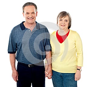 Loving senior couple posing with hand in hand