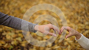 Loving students putting their hands in shape of heart, autumn romance, date