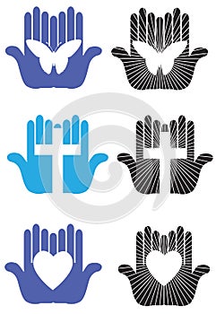 Loving and worship Hands with Cross Heart and butterfly icons