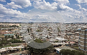 Low aerial view of the Kibera slum of Nairobi Kenya