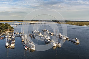 Low aerial view of marina and bridge in Beaufort, South Carolina