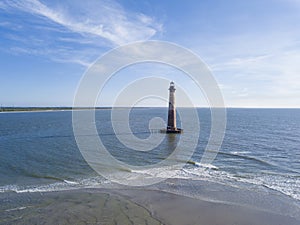 Low aerial view of the Morris Island Lighthouse near Folly Beach, South Carolina