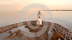 Low aerial view of the ruins of the Cockspur Lighthouse on Tybee Island, Georgia