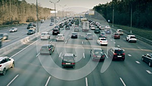 Low altitude aerial view of a slow traffic jam on the busy highway