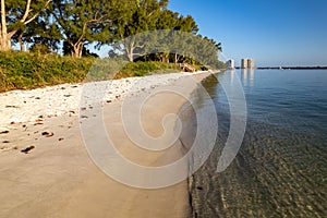 Low altitude, drone view of the small beach at Lakeside Park in North Palm Beach, Florida