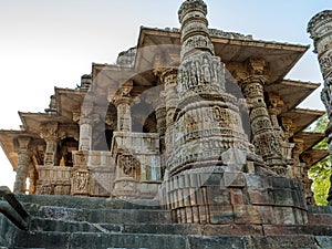 Low angal veiw of the assembly hall frome stapes to Kunda, the reservoir Sun Temple, Modhera Mehsana District Gujara