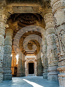 Low angal veiw of the assembly hall frome stapes to Kunda, the reservoir Sun Temple, Modhera Mehsana District Gujarat