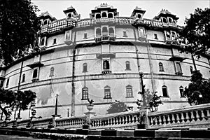 Low angel view city palace udaipur Rajsthan india an architect of cultural diversity and heritage and royality.