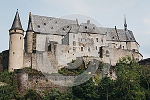 Low angle against the sky view of Vianden Castle, Luxembourg