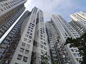 Low angle of apartment buildings in hong kong.