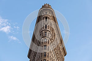 Low Angle Architectural Exterior View of Upper Floors of Historic Flatiron Building in Manhattan, New York City