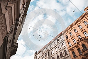 Low angle of buildings with birds flying high above