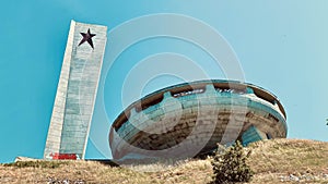 Low angle of Buzludzha monument of Soviet Union in Bulgaria