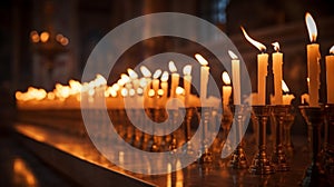 Low angle of candles lit in row flame, in orthodox church