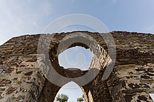 Low angle of the castle Melhor ruins in Portugal photo