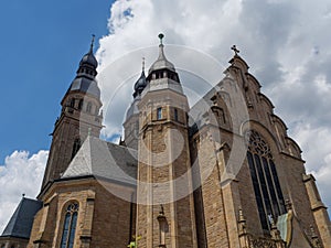 Low angle of Church of Saint Joseph in Speyer with blue cloudy sky