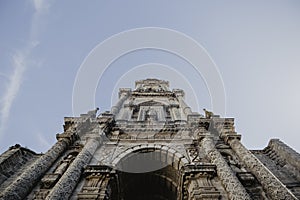 Low angle closeup shot of San Miguel Church in Jerez Spain