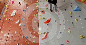 Low angle of coach assisting woman in bouldering 4k