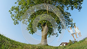 LOW ANGLE: Couple happy young children swinging on a wooden swing on sunny day