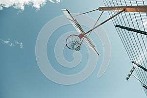 Low angle of an empty basketball basket