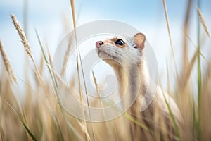 low angle of ermine in tall grass