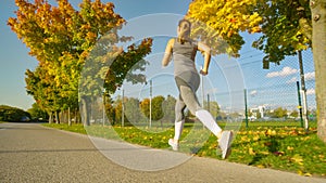 LOW ANGLE: Fit woman goes for a jog around the scenic park on sunny autumn day.