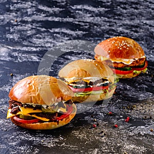 Low angle front view on three delicious chicken, beef and shrimp burgers