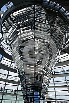 Low angle of a glass ceiling of a modern building under a blue cloudy sky in Berlin