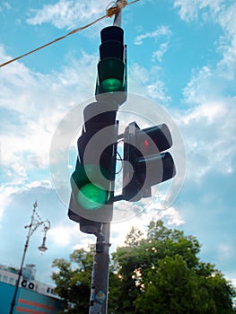 Low angle of a Green traffic light in Berlin, Germany