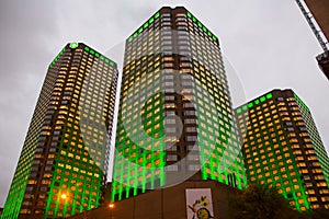 Low angle of illuminated high rises buildings downtown, Montreal, Canada