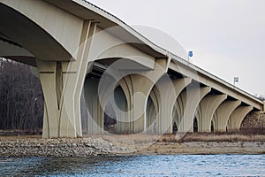 Low-angle of an interstate bridge spanning the Mississippi river