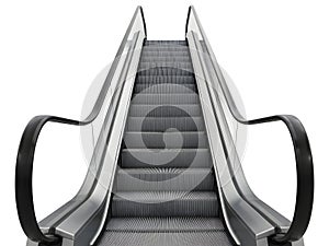 Upward moving escalator with metallic steps and black handrails on a white background